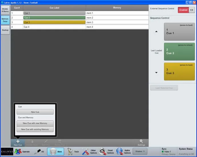 Application PC Calrec, séquenceur de mémoires (cues)