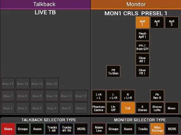Écran tactile Apollo, sélecteurs de talkback et de monitoring