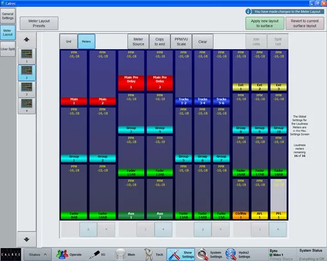 Application PC Calrec, mise en page des meters