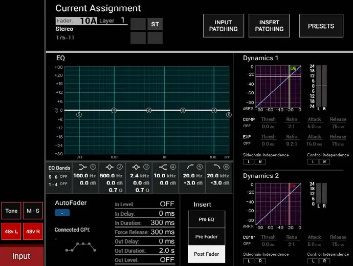 Écran tactile Apollo, vue Current Assignment d'un canal (EQ six bandes, Dynamics 1 et 2, AutoFader, Insert)