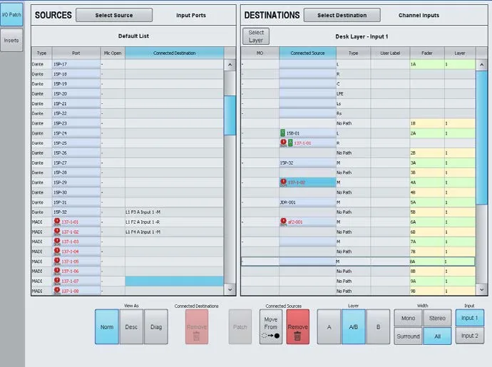 Application PC Calrec, patch d'entrées Dante et MADI vers les canaux