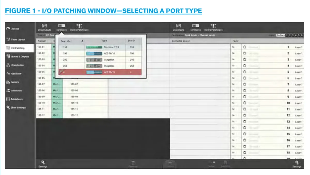 Écran I/O Patching de la Summa : choix d'un type de port source ou destination