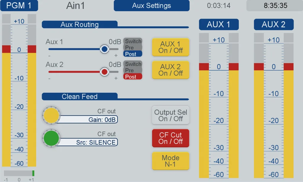 SX console screen: channel Aux sends and Clean Feed