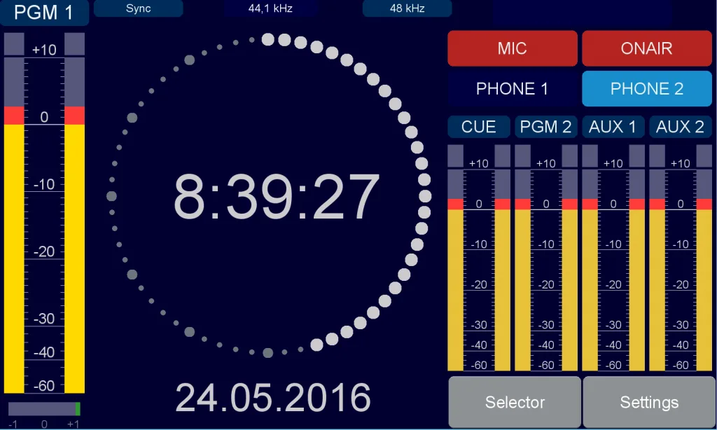 SX console screen: main view in dark theme with CUE, PGM 2 and AUX meters