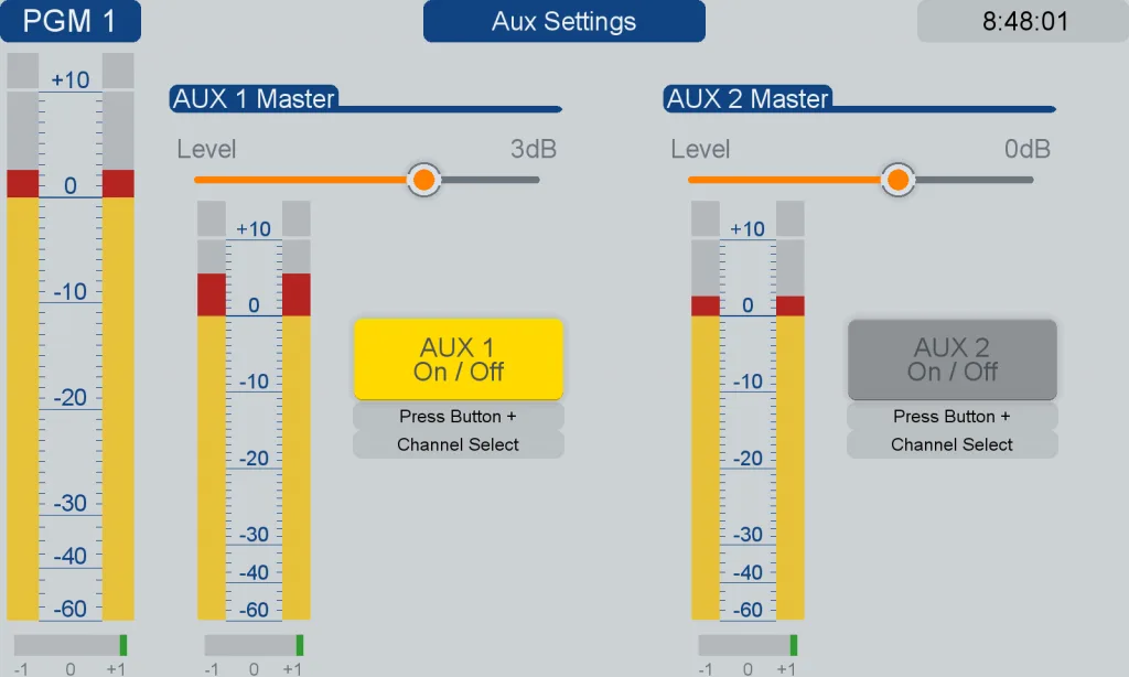 SX console screen: Aux 1 and Aux 2 master levels