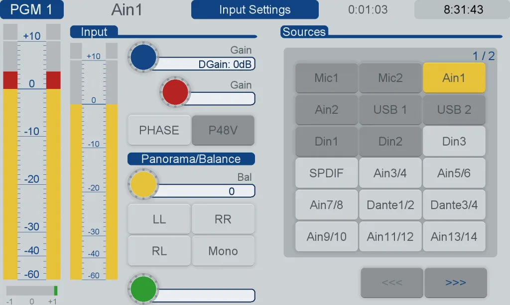 SX console screen: channel input settings (gain, phase, 48 V, pan and source selection)