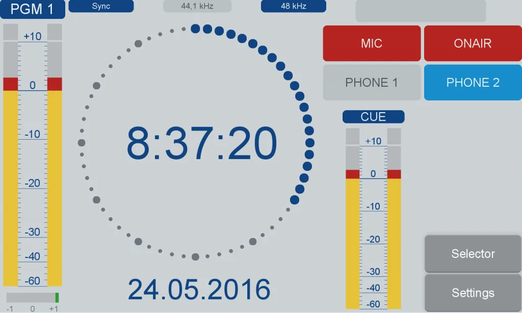 SX console screen: main view with PGM meter, clock, MIC, ONAIR, PHONE and CUE keys