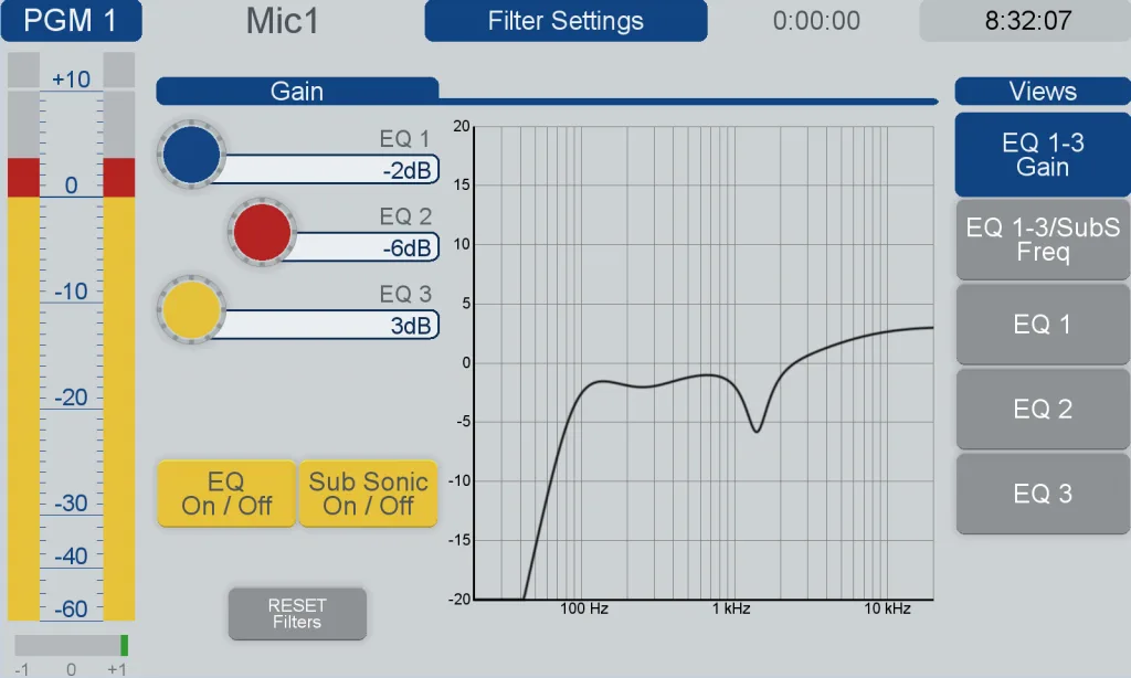 SX console screen: channel filter and EQ settings with response curve