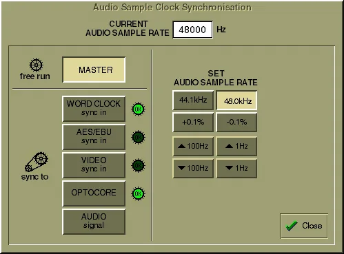 DiGiCo D1 Live, écran Audio Sample Clock Synchronisation, horloge de la console