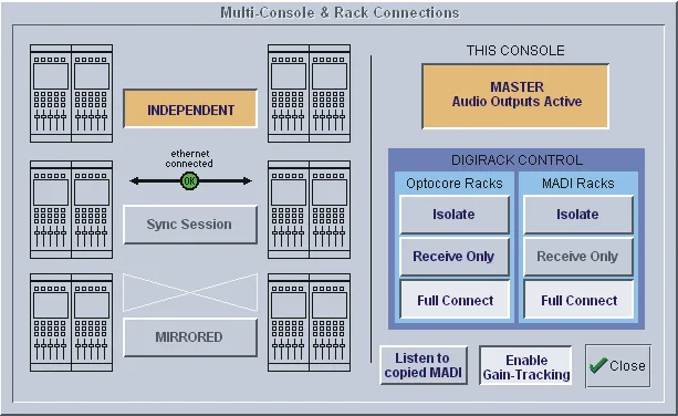 DiGiCo D1 Live, écran Multi-Console & Rack Connections, liaison console et racks