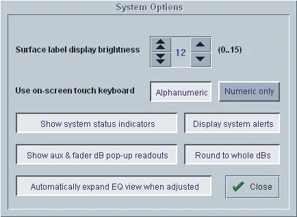 DiGiCo D1 Live, écran System Options, options du système