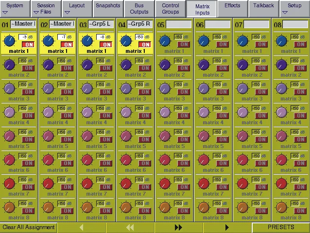 DiGiCo D1 Live, écran Matrix Inputs, entrées de la matrice
