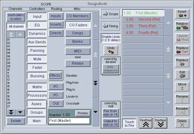 DiGiCo D1 Live, écran Snapshots, gestion des snapshots et de leur scope