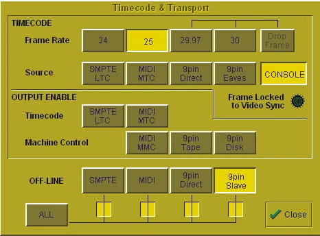 DiGiCo D1 Live, écran Timecode & Transport