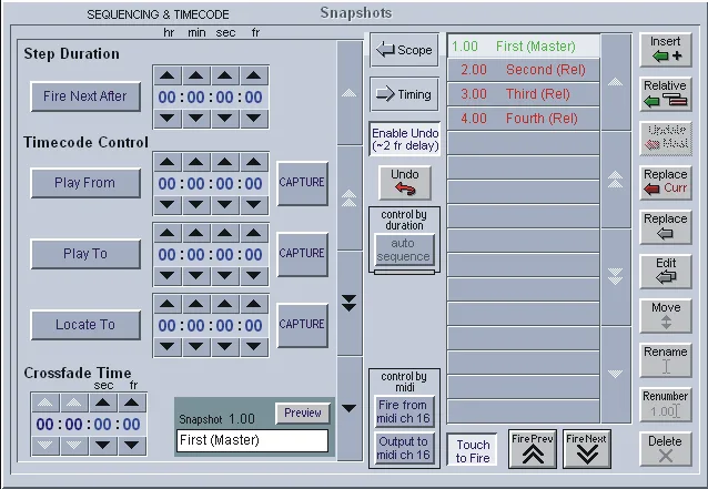 DiGiCo D1 Live, écran Snapshots, séquencement et timecode