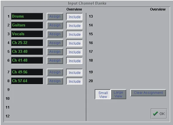 DiGiCo D1 Live, écran Input Channel Banks, attribution des bancs d'entrée