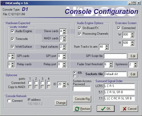 DiGiCo D1 Live, écran Console Configuration (DiGiConfig), configuration matérielle de la console