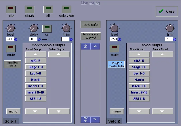 DiGiCo D1 Live, écran Monitoring, bus solo 1 et solo 2