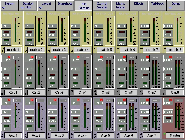 DiGiCo D1 Live, écran sorties de bus : matrices, groupes et aux sur l'écran