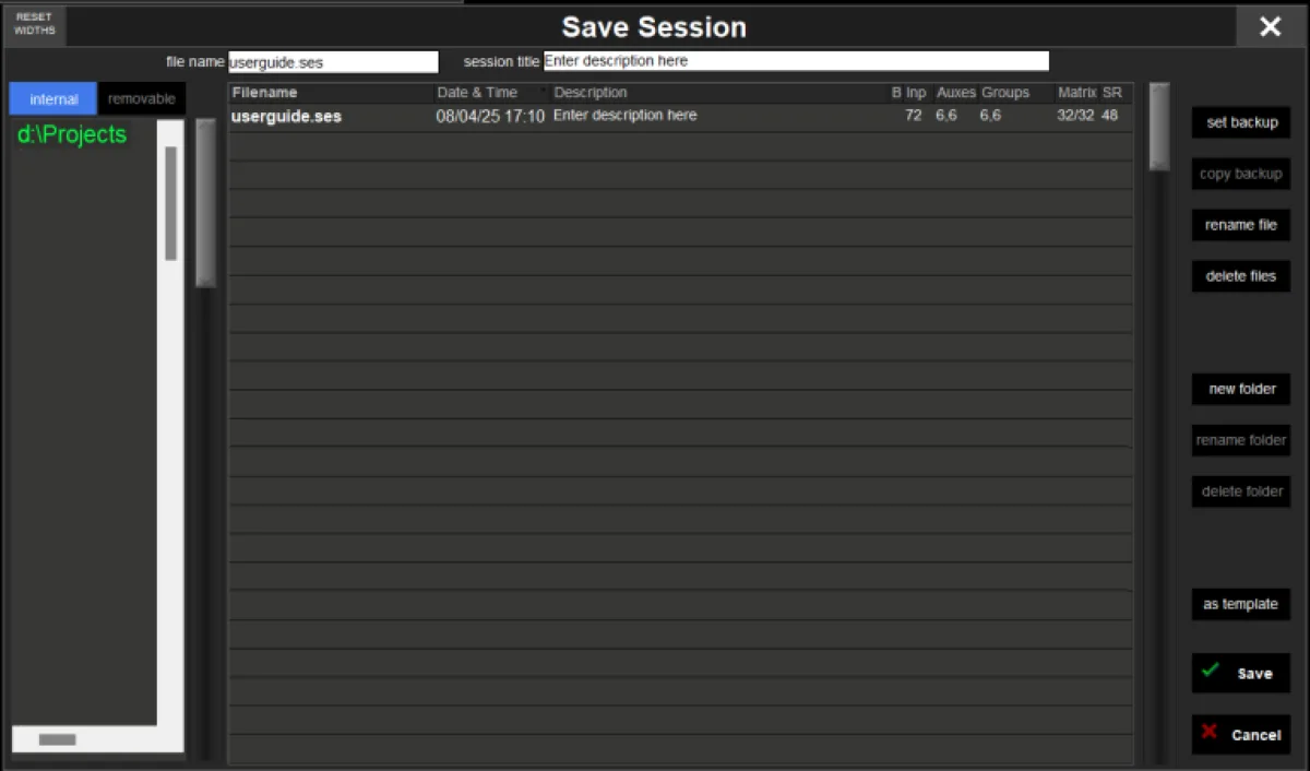 Fenêtre Save Session de la Quantum852