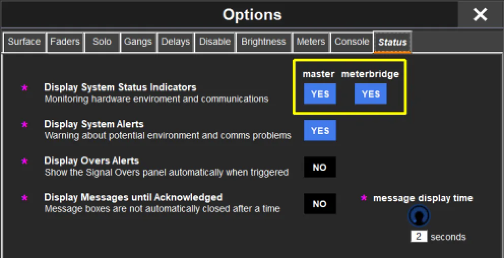 Options de la Quantum852, onglet Status (alertes système)