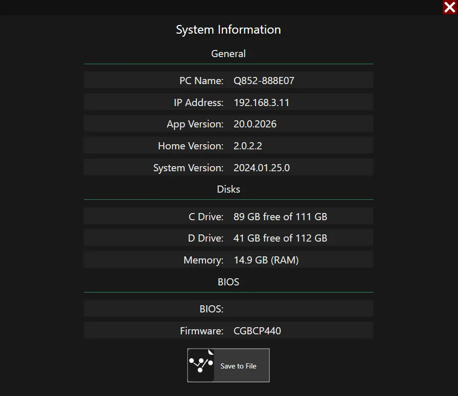 Écran System Information de la Quantum852
