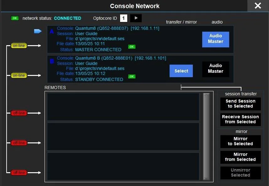 Fenêtre Console Network de la Quantum852 : deux moteurs en redondance et postes distants