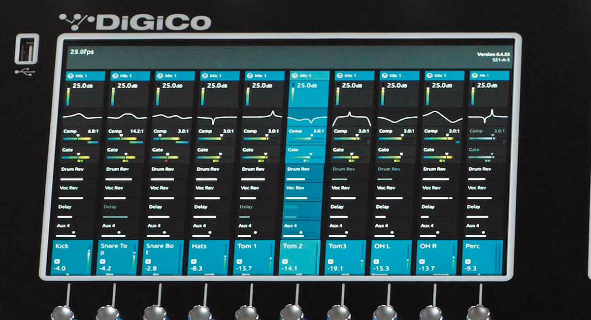 10-inch multitouch screen: ten-channel view with EQ, dynamics, sends and levels.