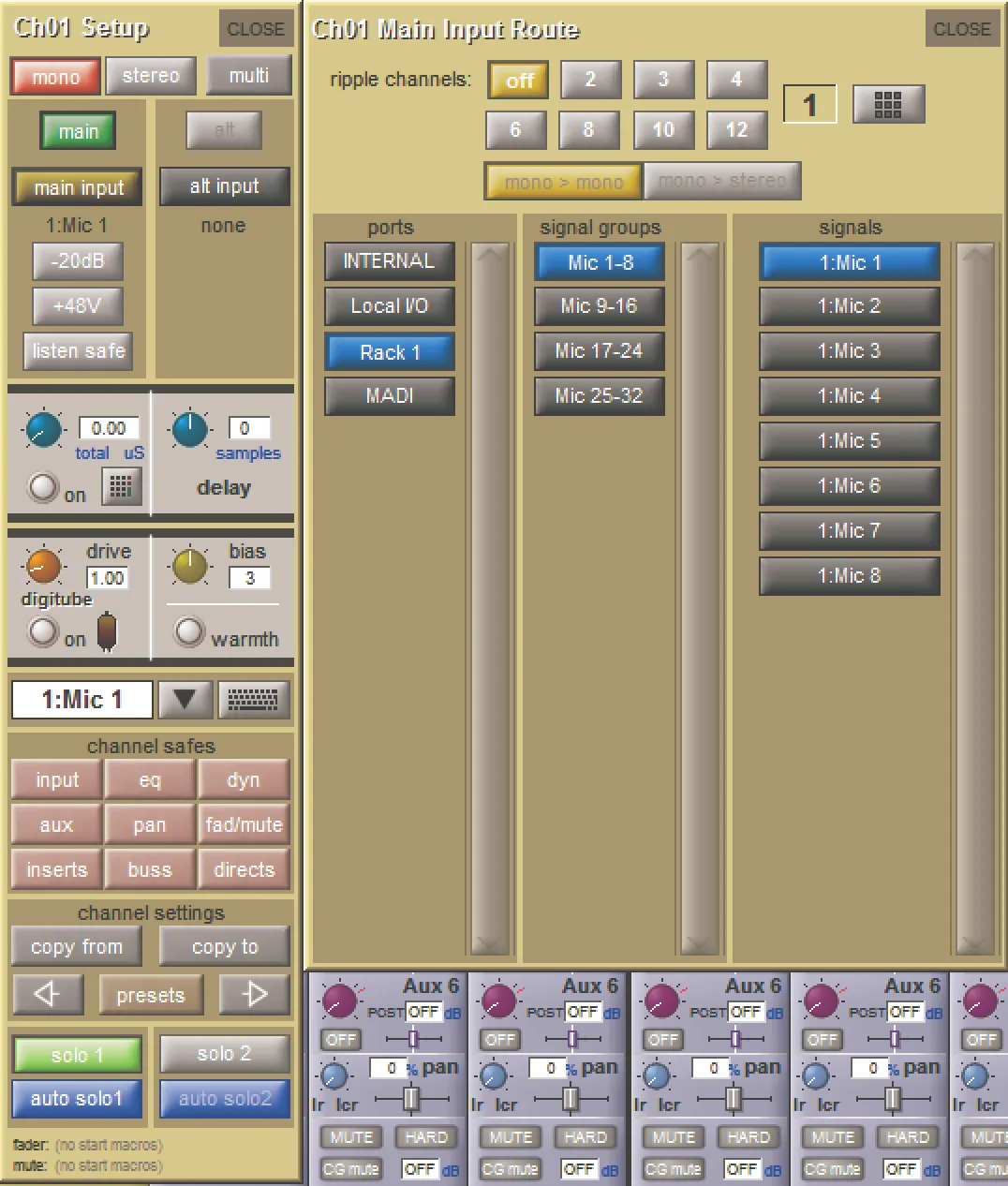 Fenêtres Channel Setup et Main Input Route de la SD11 : réglages de la voie et routage de l'entrée