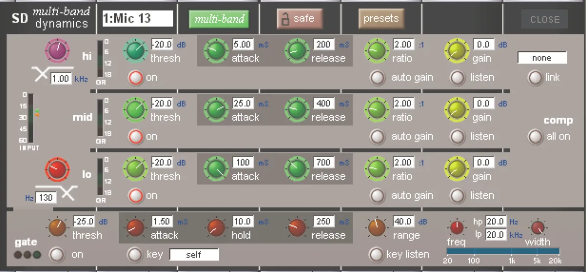 Fenêtre de dynamiques multibandes de la SD11 : compresseur 3 bandes, gate, ducker et de-esser