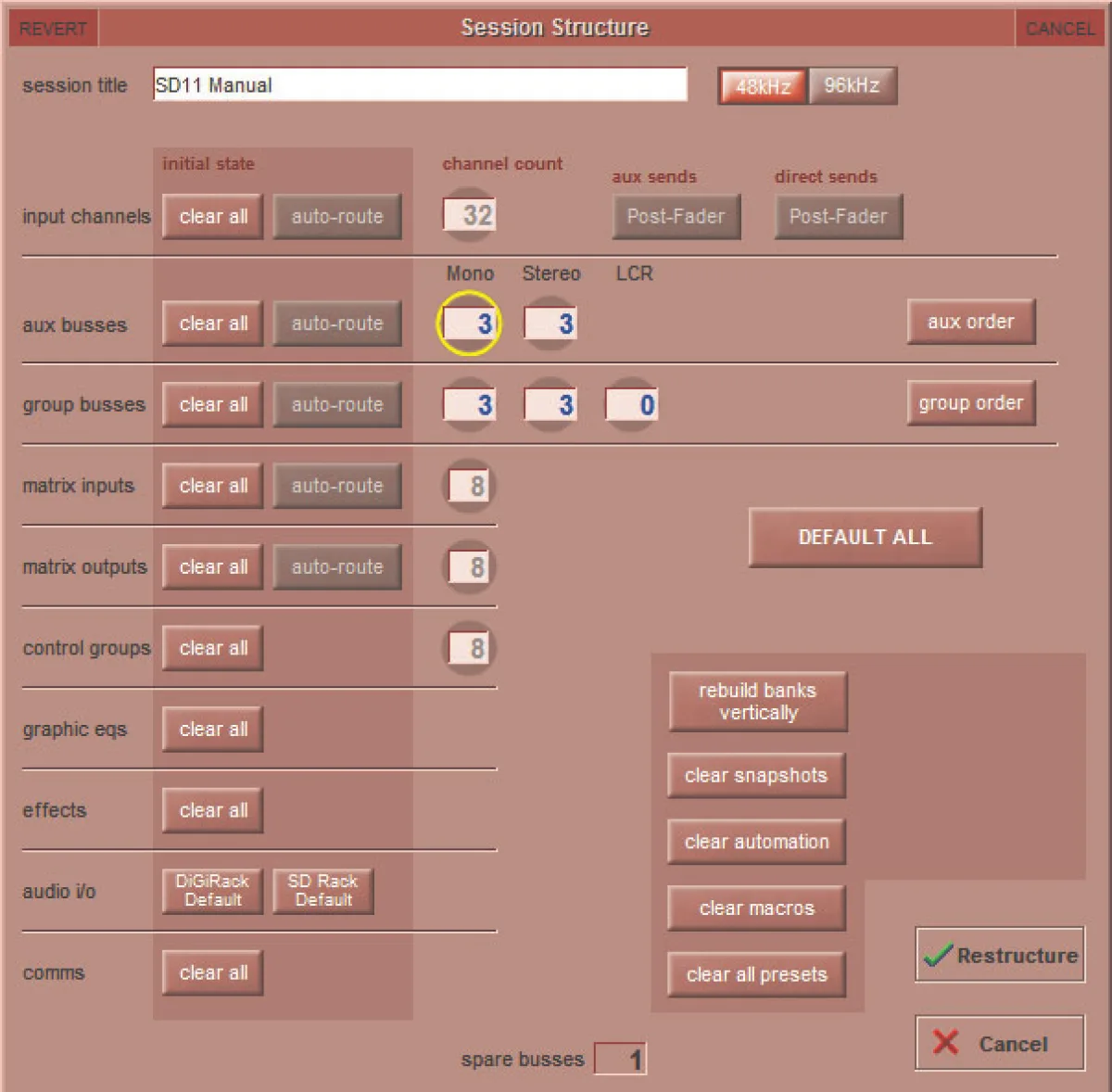 Écran Session Structure de la SD11 : nombre d'entrées, aux, groupes, matrices, control groups, GEQ et effets