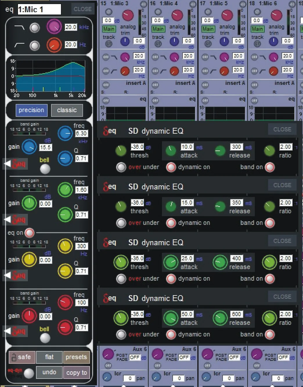 SD12 EQ window: 4-band parametric EQ with per-band dynamic section (SD dynamic EQ)