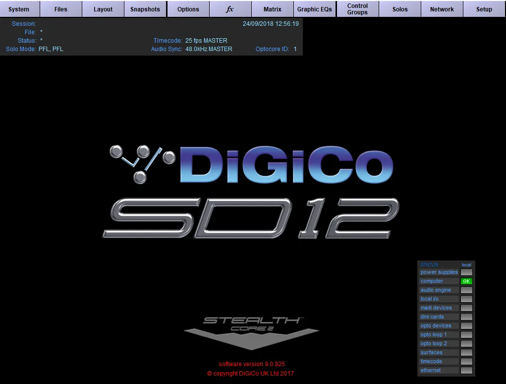 SD software Master Screen: menu bar (System, Files, Layout, Snapshots, Options, FX, Matrix, Graphic EQs, Control Groups, Solos, Network, Setup) and system status (capture taken on an SD12)