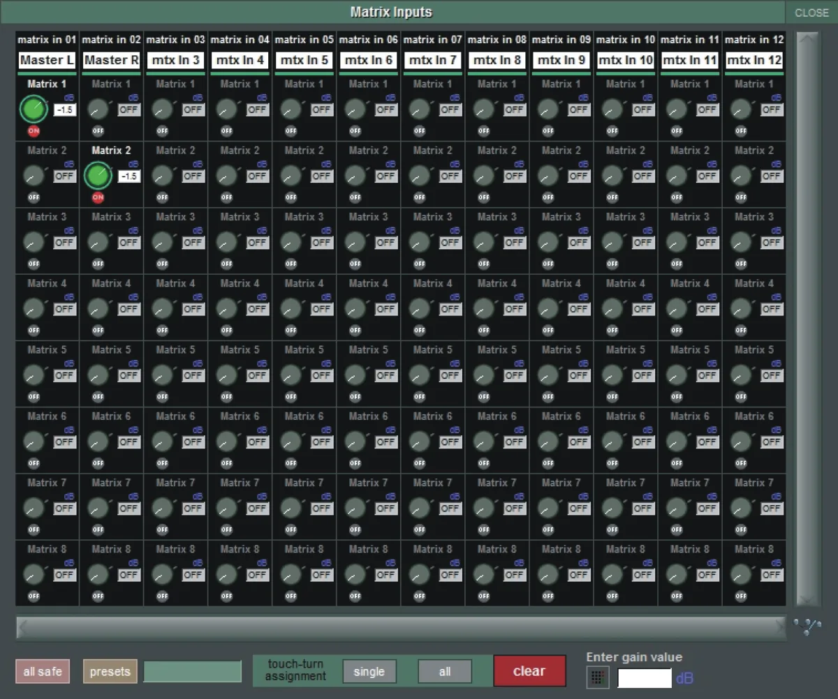SD12 Matrix Inputs screen: send grid to the matrices