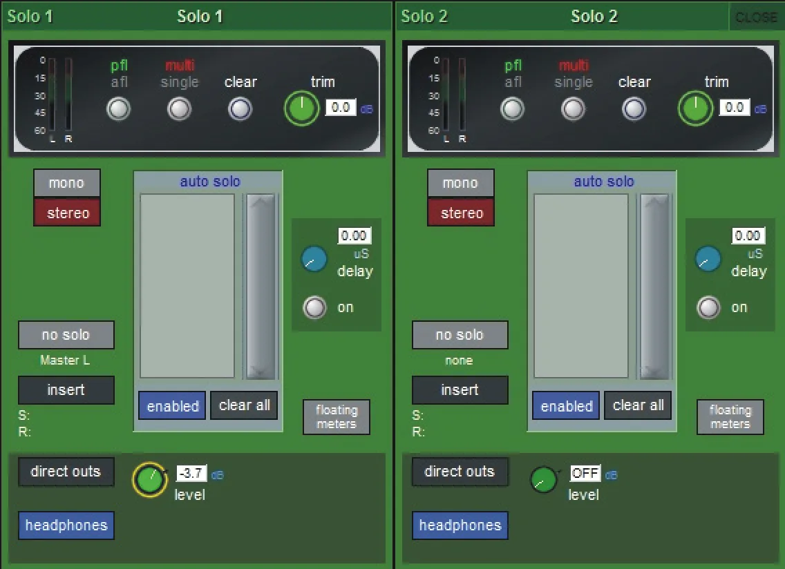 SD12 Solo 1 and Solo 2 bus setup screen (PFL/AFL, auto solo, delay, direct outs, headphones)