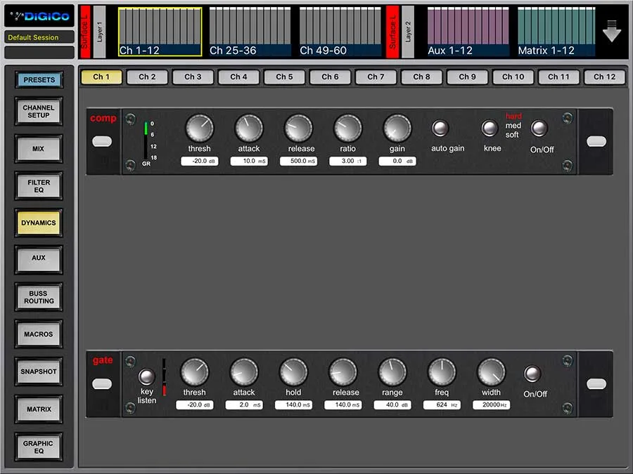 App iPad DiGiCo Core2 V2 pour la Quantum852 : page Dynamics (compresseur et gate)