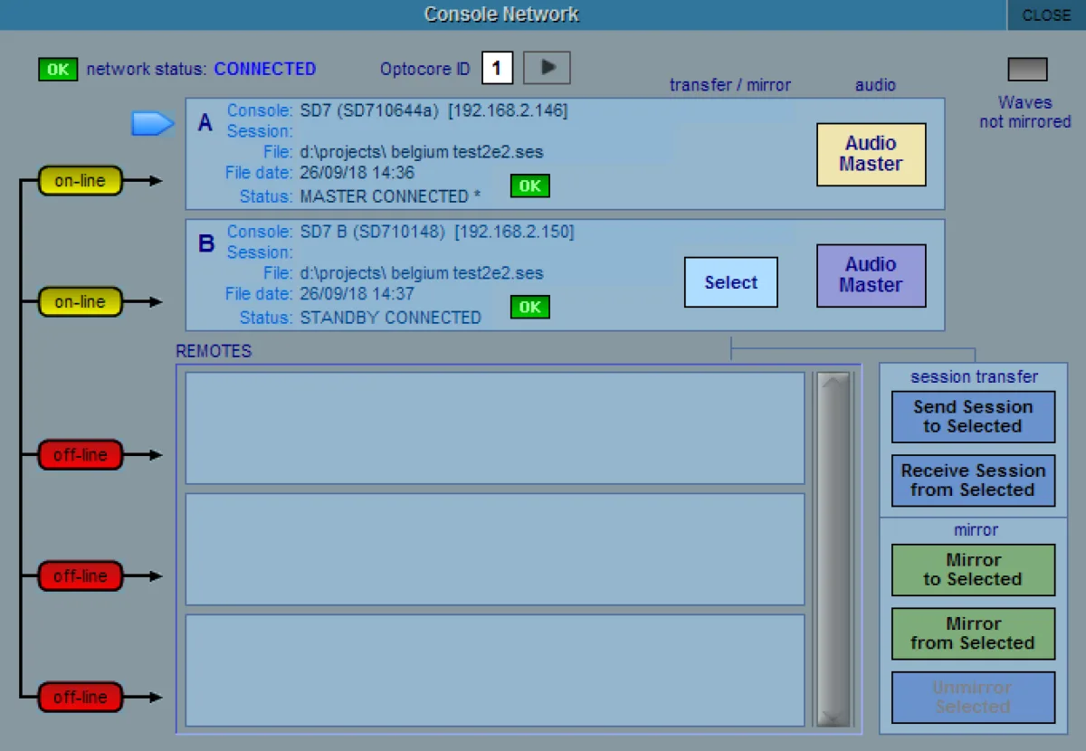 SD software Console Network window: console, engines and remotes, session transfer and mirroring (manual capture taken on an SD7)