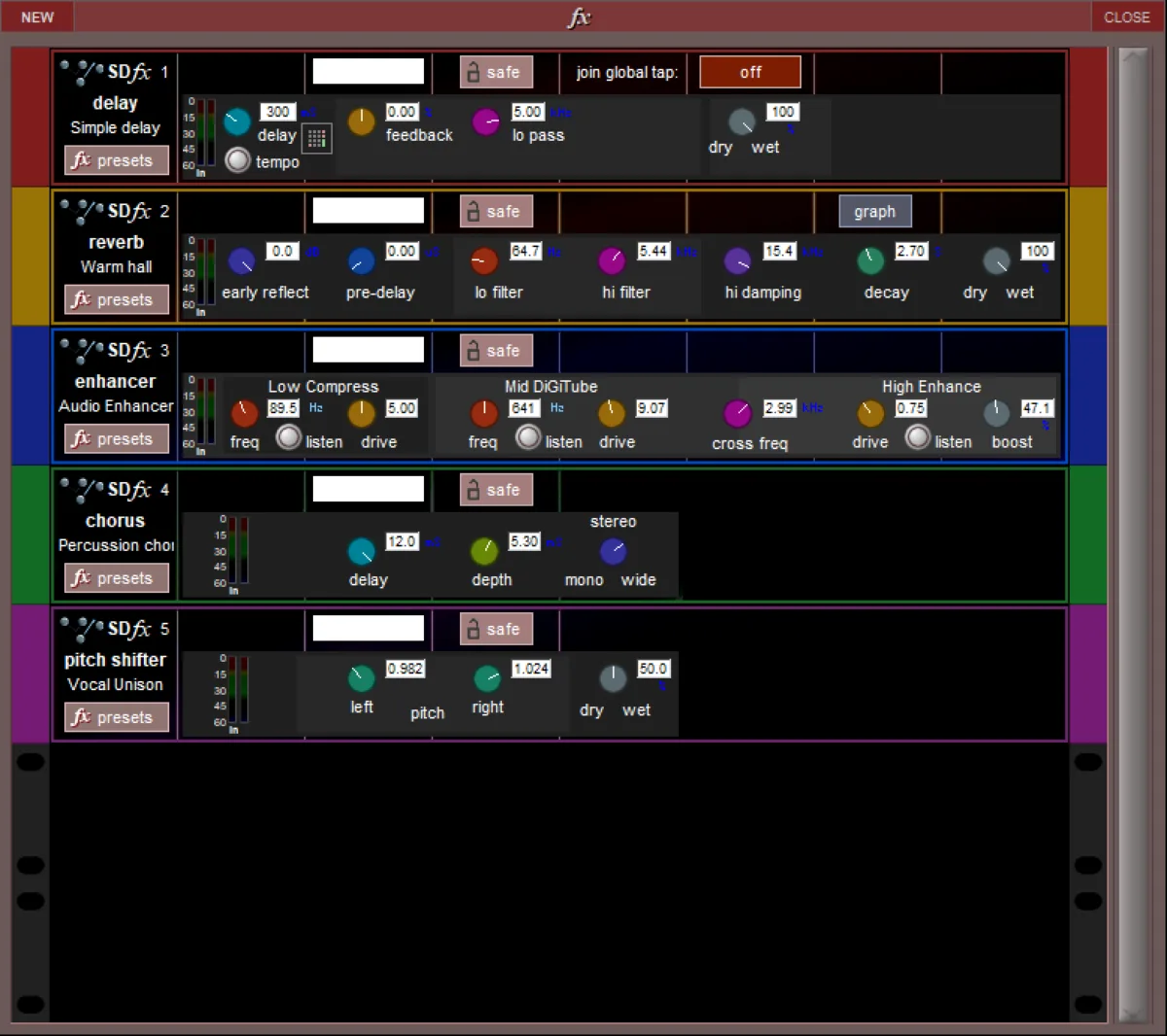SD software effects rack, shared by the SD5: internal effects (delay, reverb, enhancer, chorus, pitch shifter)