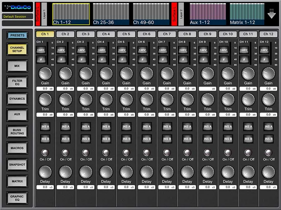 App iPad DiGiCo Core2 V2 pour la Quantum852 : page Channel Setup (gain, trim, inserts, délai)