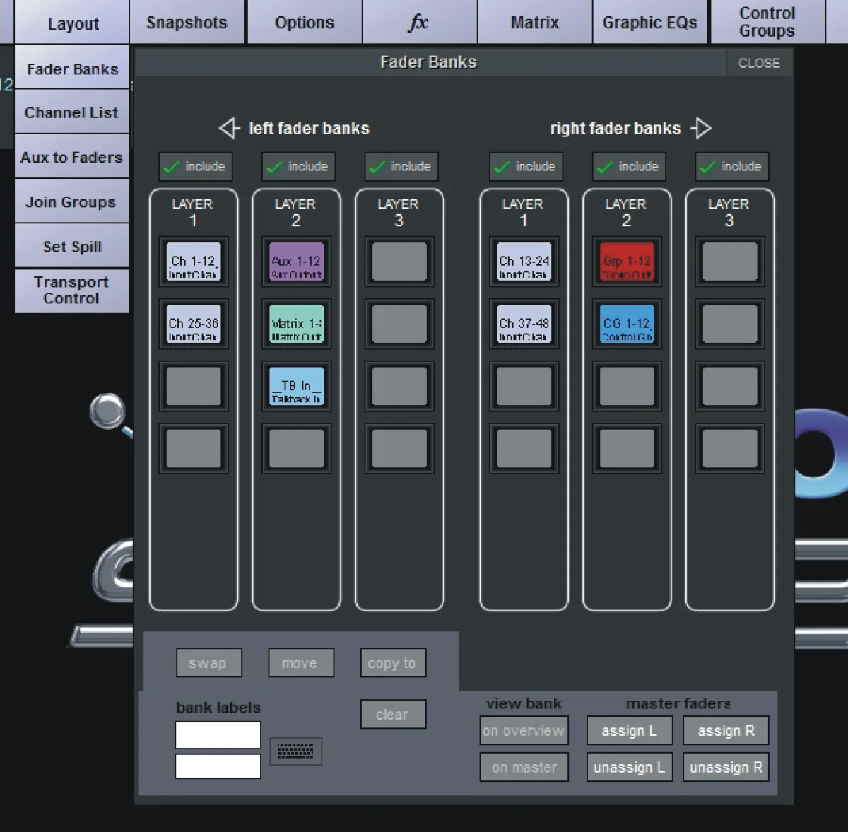 SD12 Fader Banks screen: left and right fader bank assignment across 3 layers and the 2 master faders