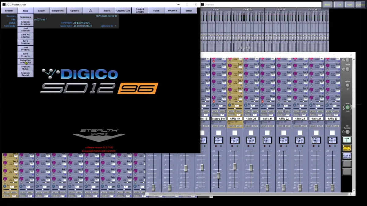 Logiciel DiGiCo Offline sous Windows : menu Files (session, presets, Session Report) (capture faite en SD12 Offline, interface identique au Quantum Offline de la Quantum852)