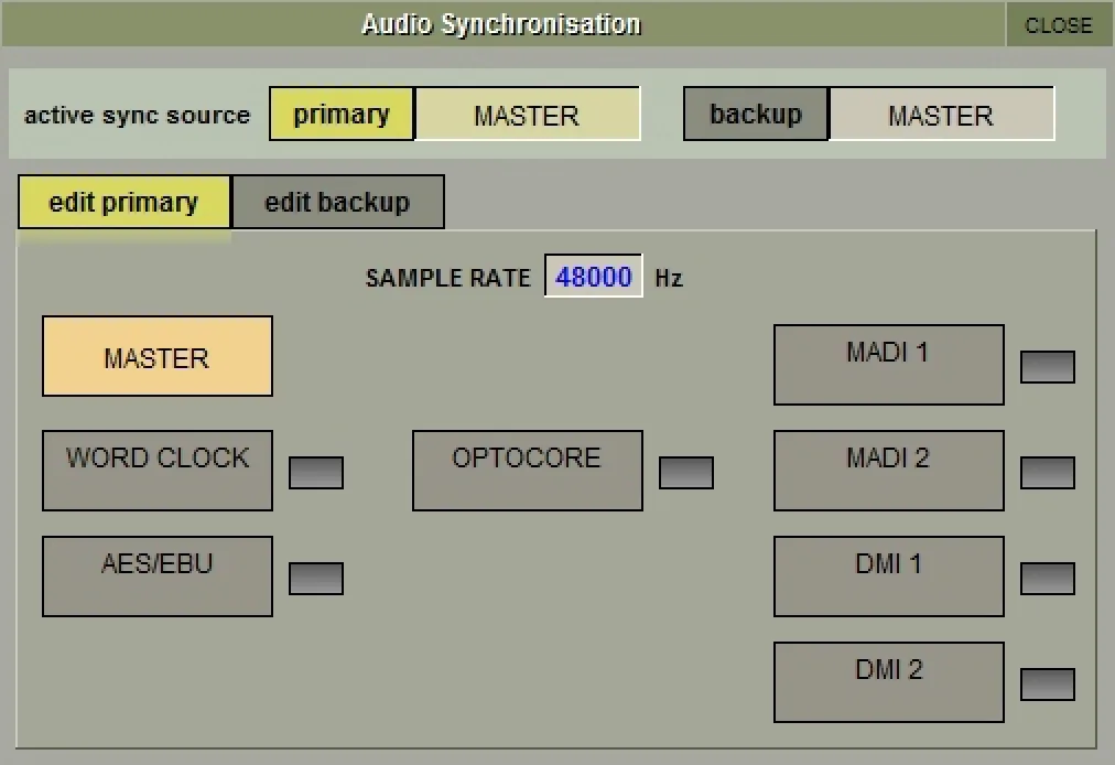 SD12 Audio Synchronisation window: primary and backup clock source (Master, Word Clock, Optocore, AES, MADI, DMI)