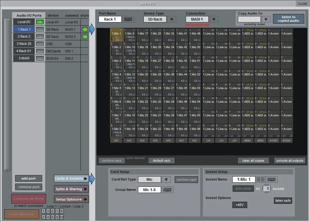 SD12 Audio I/O screen: I/O ports, stage racks and socket patching