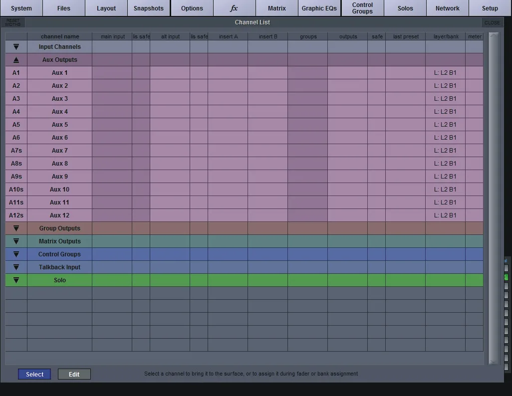 SD12 Channel List screen: channels listed by type (inputs, auxes, groups, matrices, control groups, talkback, solos)