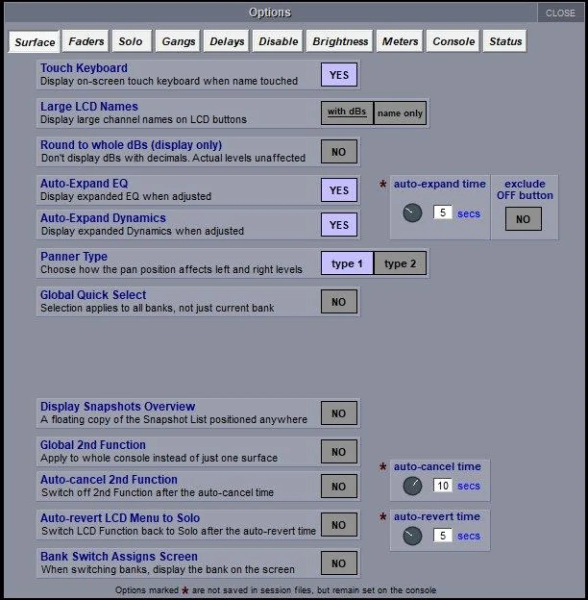 SD software Options window, Surface tab (touch keyboard, auto-expand, panner, 2nd function)