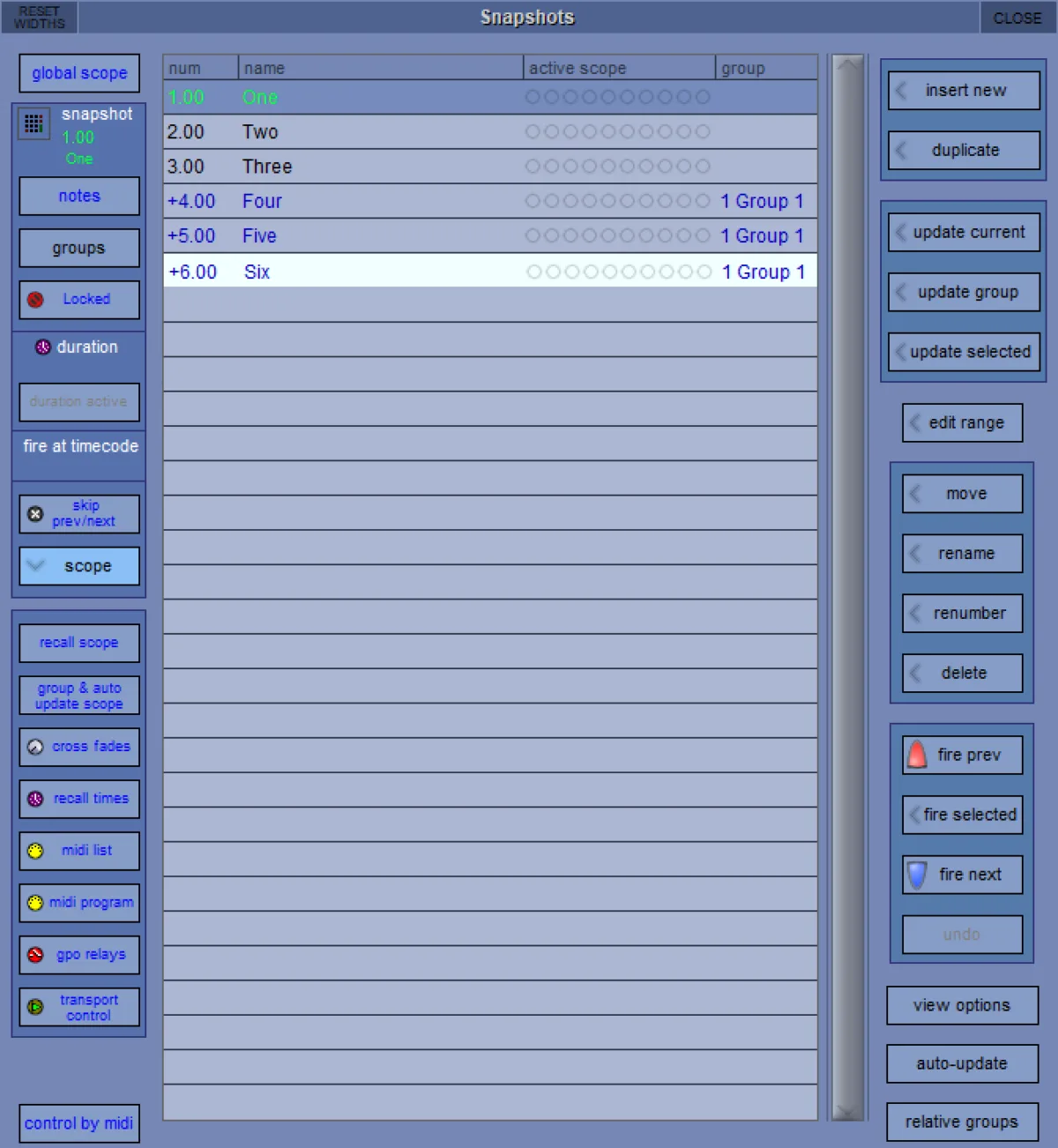 SD software Snapshot list: scenes, scope, cross-fades and recall commands