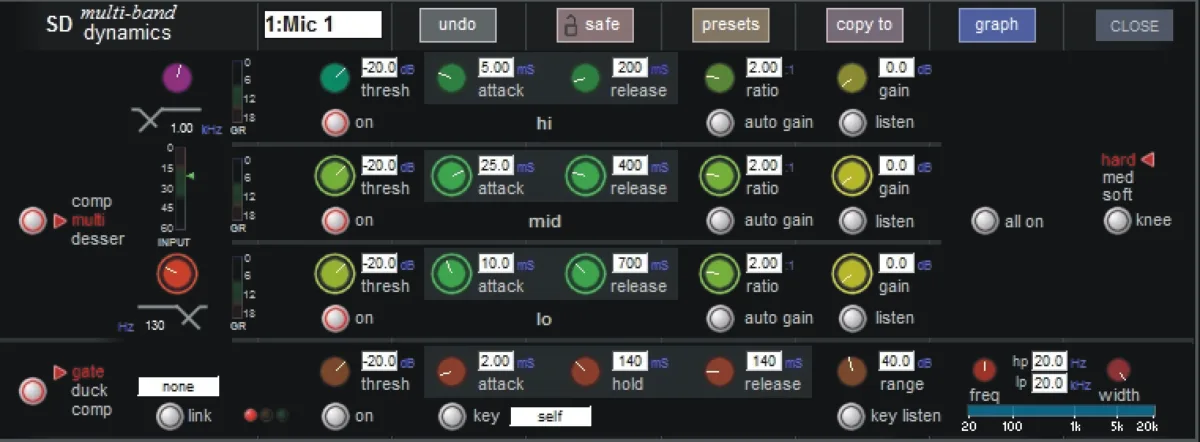 SD12 multiband dynamics window: 3-band compressor, gate, ducker and de-esser