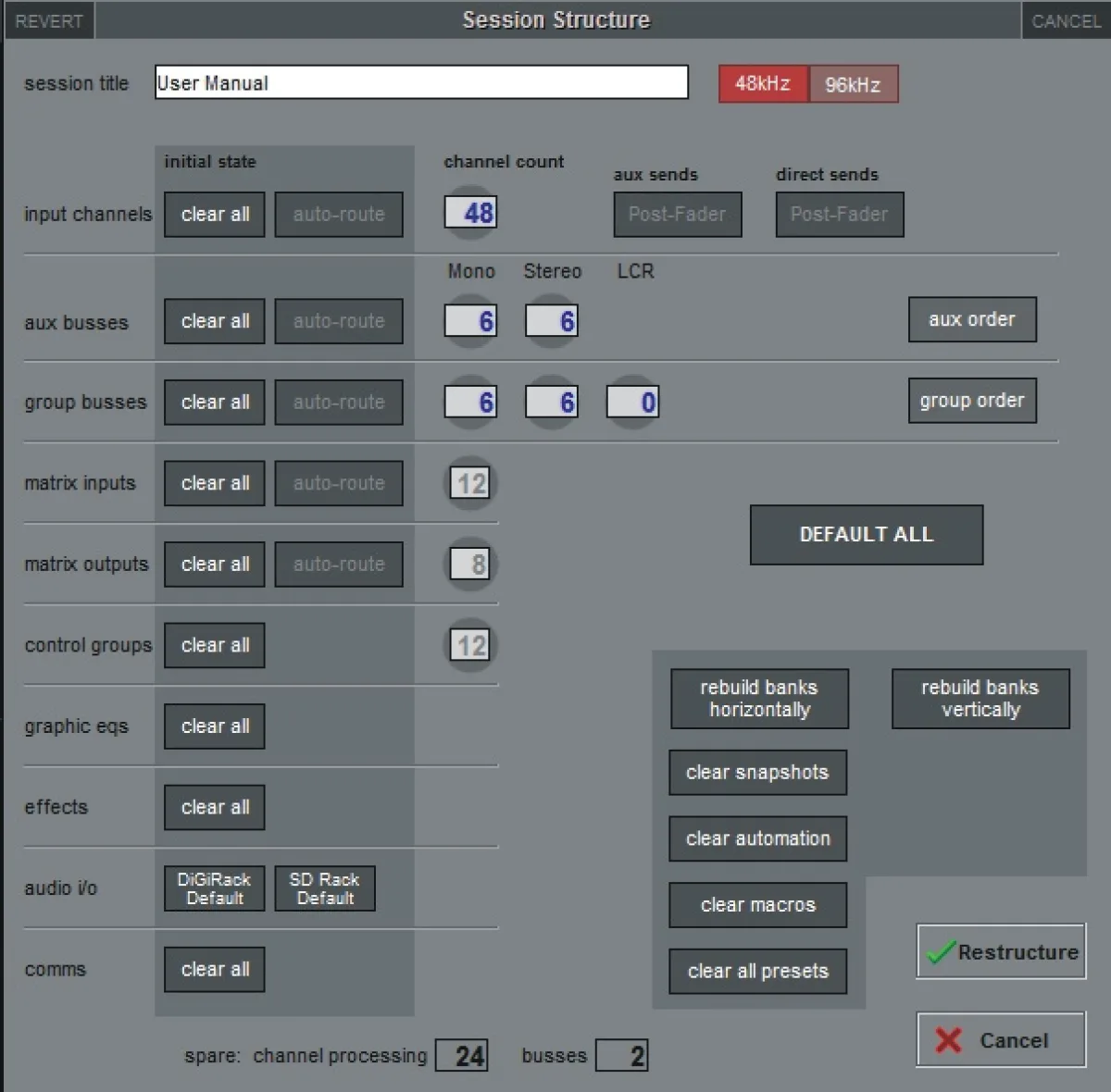 SD12 Session Structure screen: number of inputs, auxes, groups, matrices, control groups, GEQs and effects in the session