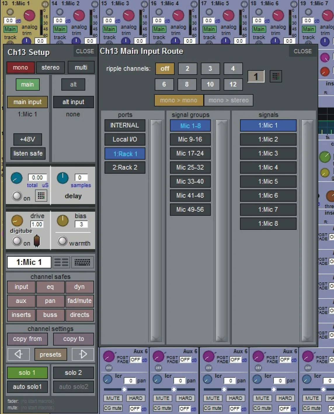 SD12 Channel Setup and Main Input Route windows: channel settings (gain, delay, DiGiTube) and input routing