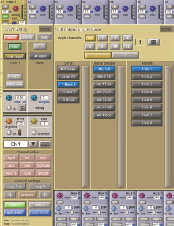 SD5 Channel Setup and Main Input Route windows: channel settings and input routing